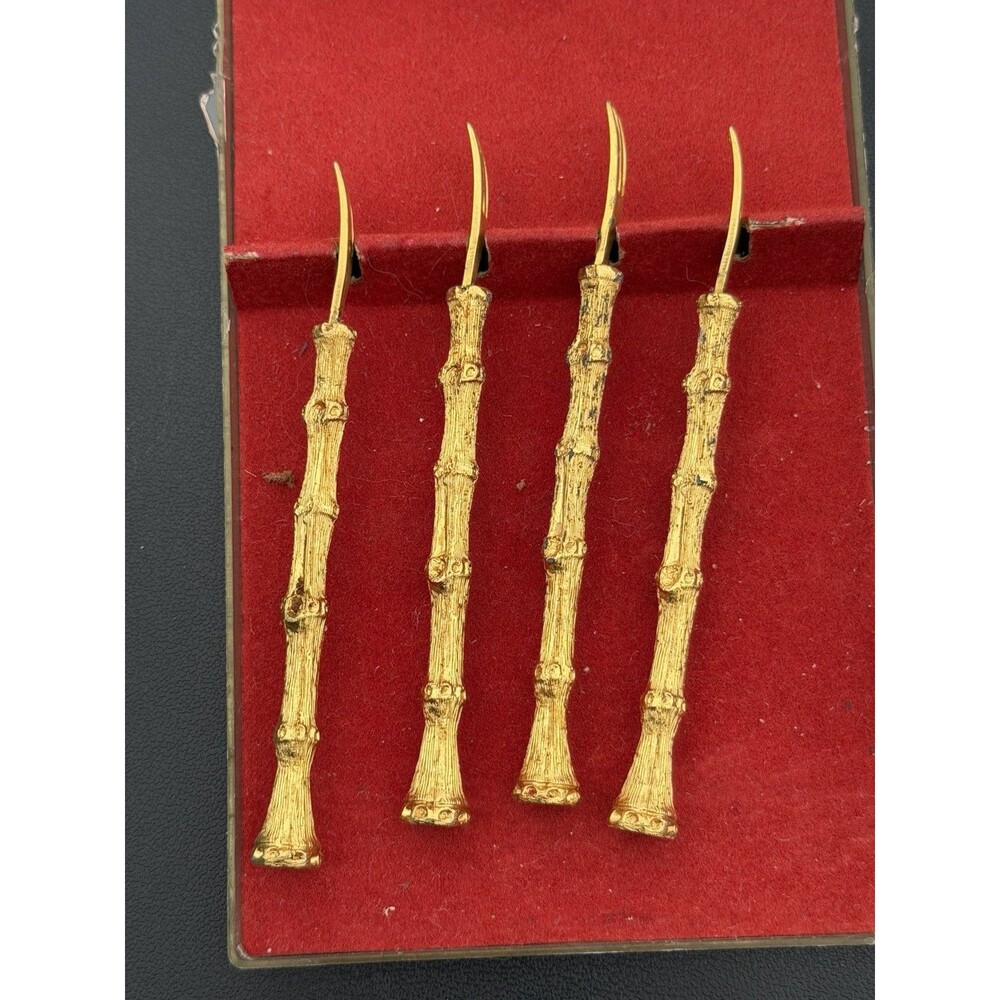 Set Eight Vintage 24 Karat Gold Plated, Bamboo Handle Appetizer Forks